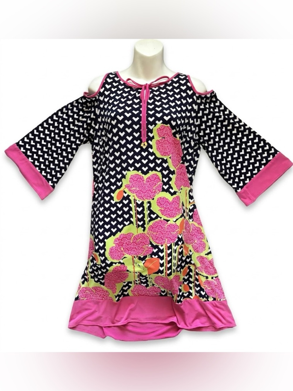 Kaari Blue Navy Cold-Shoulder Dress with Hot Pink Trim and Lime Floral Detail L